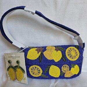 NWT Viral America & Beyond Express Lemon Beaded Blue Shoulder Handbag & Earrings